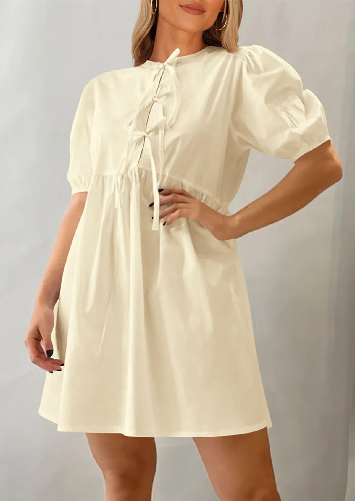 Casual Short Sleeve A Line Bow Tie Front Babydoll Loose Mini Dresses with Pockets