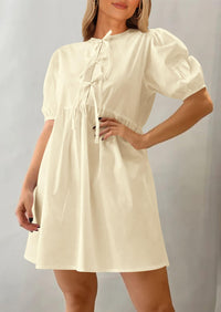 Casual Short Sleeve A Line Bow Tie Front Babydoll Loose Mini Dresses with Pockets