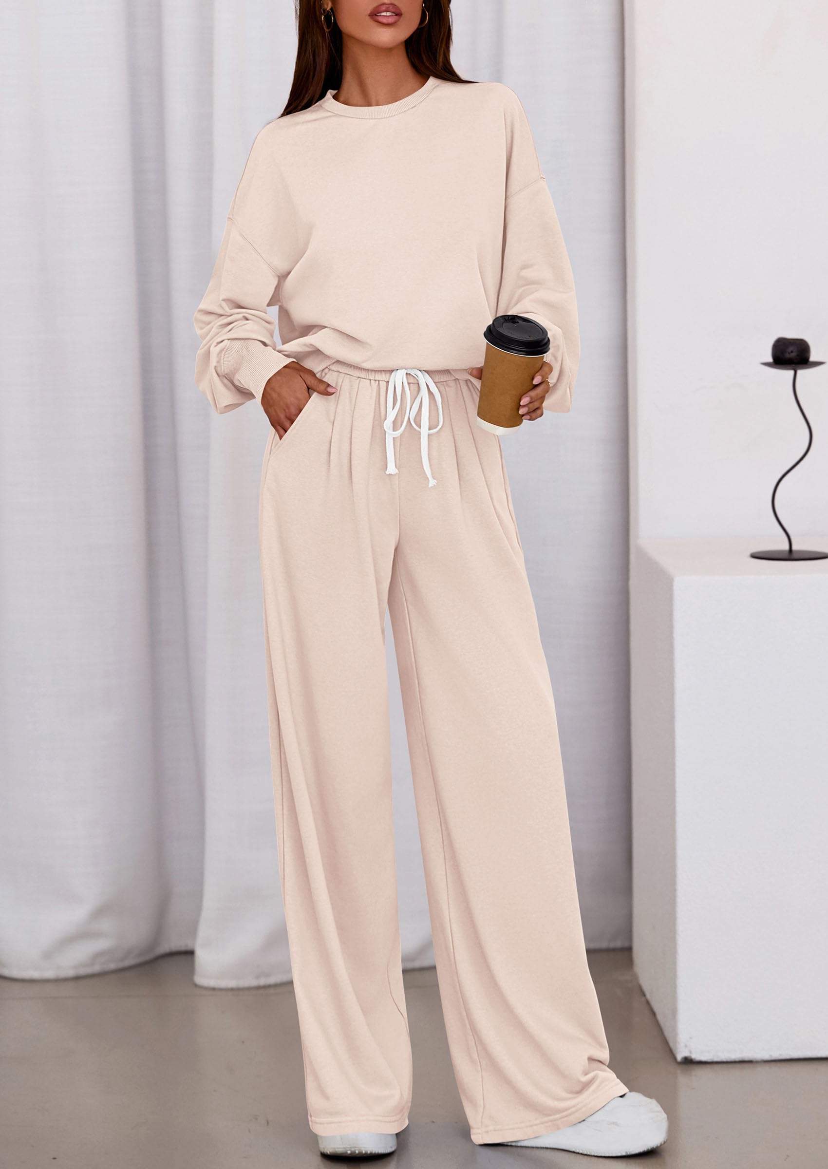 PRETTYGARDEN Womens 2 Piece Sets Long Sleeve Sweatshirt Wide Leg Pants Loose Matching Lounge Set Trendy Fall Outfits