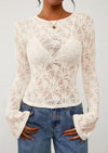 PRETTYGARDEN Womens Lace Long Bell Sleeve Tops Fall Sexy See Through Sheer Floral Blouse Shirt Fitted Going Out Outfits