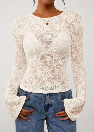 PRETTYGARDEN Womens Lace Long Bell Sleeve Tops Fall Sexy See Through Sheer Floral Blouse Shirt Fitted Going Out Outfits