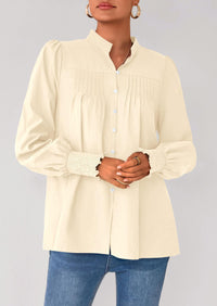 PRETTYGARDEN Womens Fall Lantern Long Sleeve Shirts Trendy Button V Neck Pleated Henley Tops Loose Work Blouses