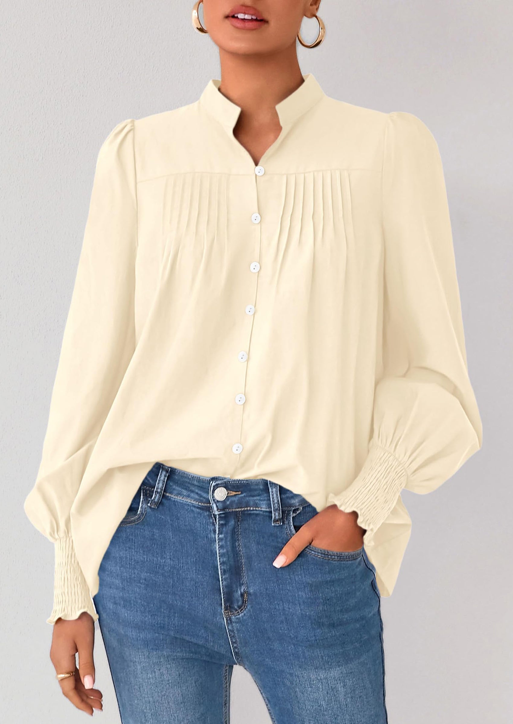 PRETTYGARDEN Womens Fall Lantern Long Sleeve Shirts Trendy Button V Neck Pleated Henley Tops Loose Work Blouses