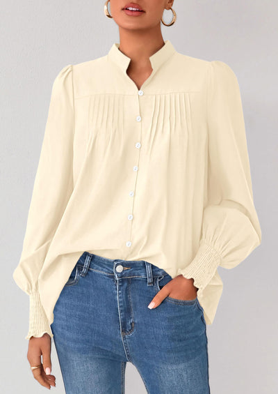 PRETTYGARDEN Womens Fall Lantern Long Sleeve Shirts Trendy Button V Neck Pleated Henley Tops Loose Work Blouses