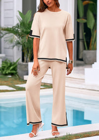 Casual Short Sleeve Knit Sweater Tops Wide Leg Pants 2 Piece Sets