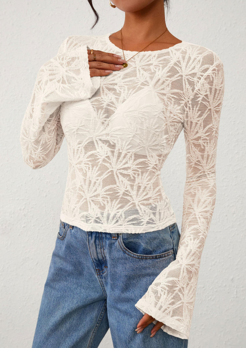 PRETTYGARDEN Womens Lace Long Bell Sleeve Tops Fall Sexy See Through Sheer Floral Blouse Shirt Fitted Going Out Outfits