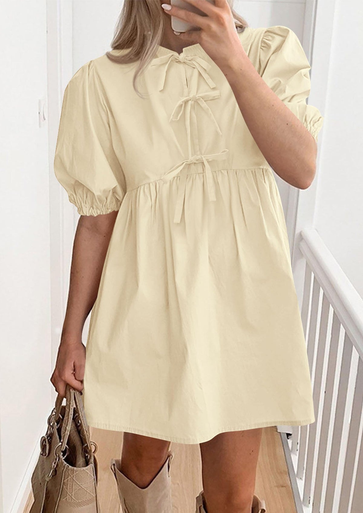 Casual Short Sleeve A Line Bow Tie Front Babydoll Loose Mini Dresses with Pockets