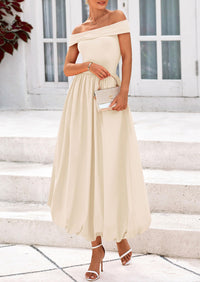 Off Shoulder Sleeveless A Line Midi Dress with Pockets