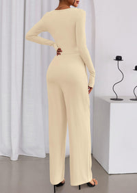 PRETTYGARDEN Jumpsuits for Women Dressy Casual Fall One Piece Outfits Long Sleeve Crew Neck Wide Leg Pants Rompers