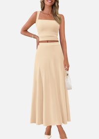 Crop Tank Top Flowy Midi Skirts Ribbed Knit Casual Two Piece Skirt Set