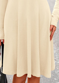 Ribbed Knit Crew Neck Long Sleeve A-Line Flowy Casual Elegant Mini Dresses