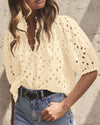 PRETTYGARDEN Women's Summer Short Sleeve Tops 2025 Dressy Casual Buttons V Neck Hollow Out Lace Embroidered Blouses Shirts