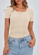Short Sleeve Ribbed Knit Henley Button Up Slim Fit Basic Casual T-shirts