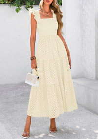 Square Neck Cap Sleeve Eyelet Smocked Tiered A Line Maxi Dresses with Pockets
