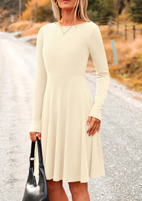 Ribbed Knit Crew Neck Long Sleeve A-Line Flowy Casual Elegant Mini Dresses