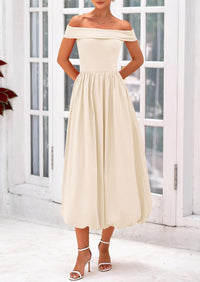 Off Shoulder Sleeveless A Line Midi Dress with Pockets