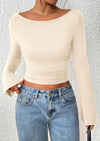 PRETTYGARDEN Women's Long Sleeve Shirts Fall Going Out Tops Casual Boat Neck Bell Sleeve Ribbed Ruched Y2K Clothes