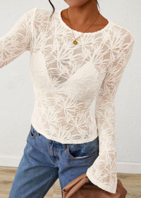 PRETTYGARDEN Womens Lace Long Bell Sleeve Tops Fall Sexy See Through Sheer Floral Blouse Shirt Fitted Going Out Outfits
