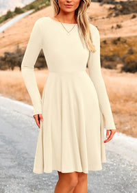 Ribbed Knit Crew Neck Long Sleeve A-Line Flowy Casual Elegant Mini Dresses