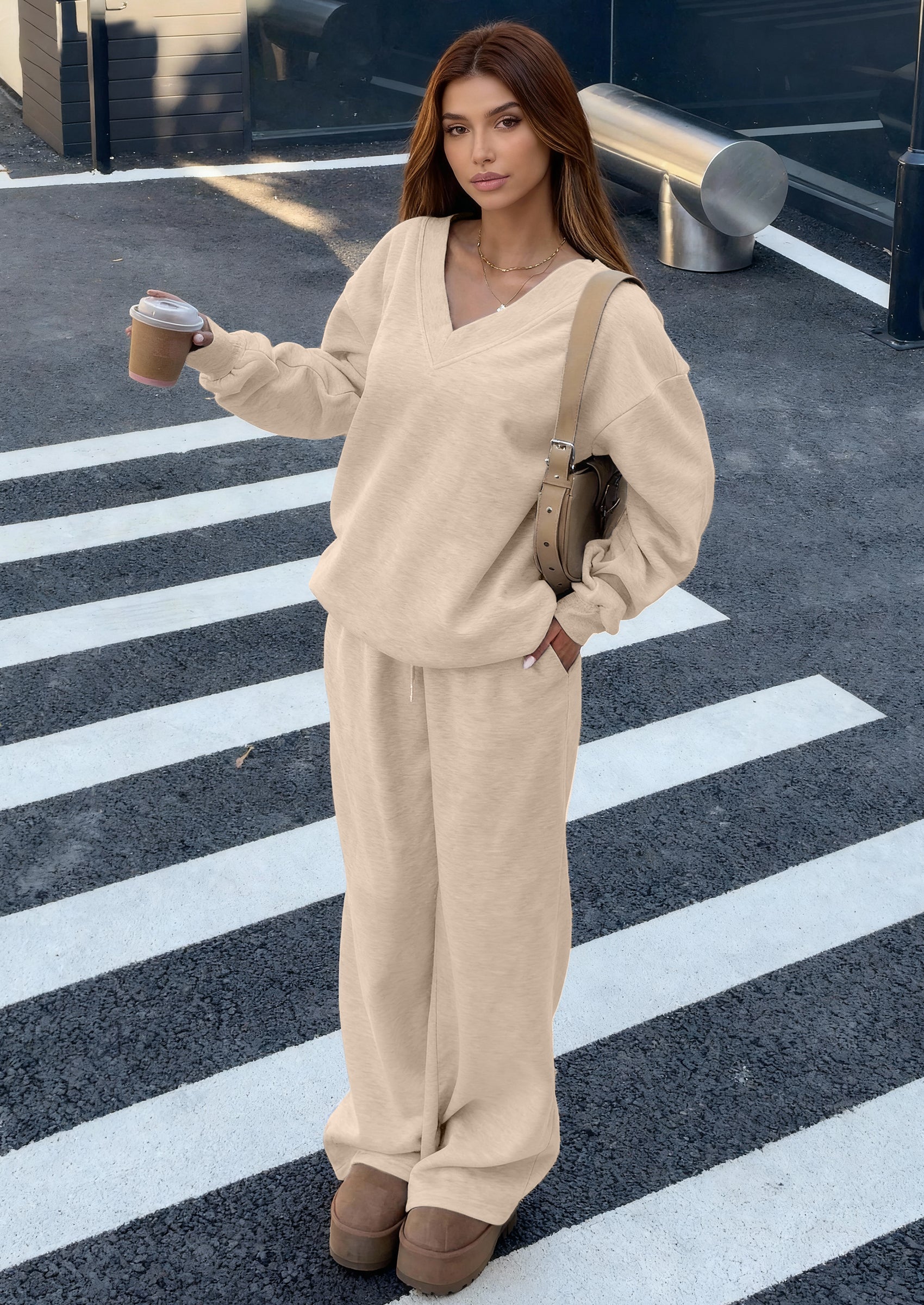 PRETTYGARDEN Casual Winter Two Piece Sets for Women V Neck Sweatshirt Loose Wide Leg Pants Tracksuit Knit Fall Outfits PRETTYGARDEN