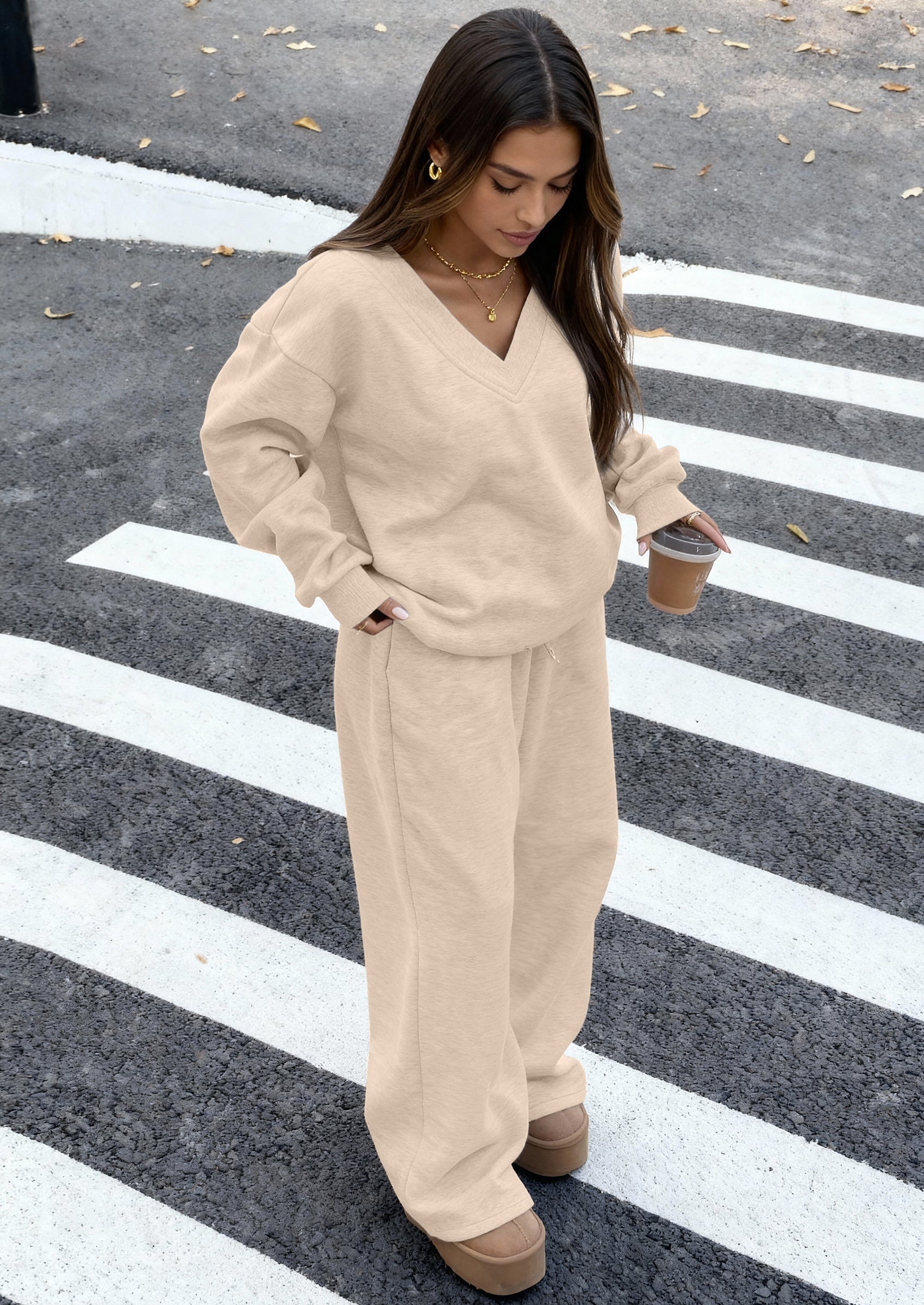 PRETTYGARDEN Casual Winter Two Piece Sets for Women V Neck Sweatshirt Loose Wide Leg Pants Tracksuit Knit Fall Outfits PRETTYGARDEN