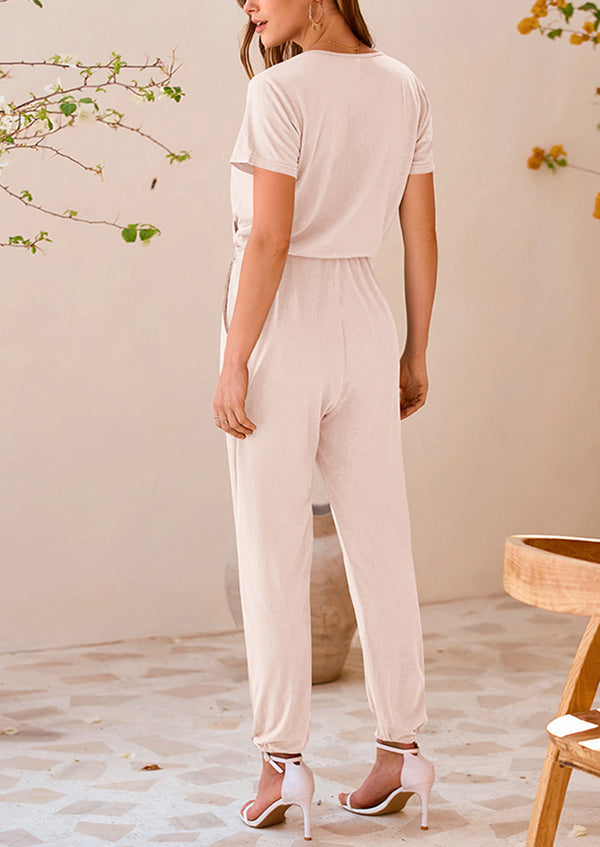 Deep V Neck Wrap Drawstring Waist Jumpsuits
