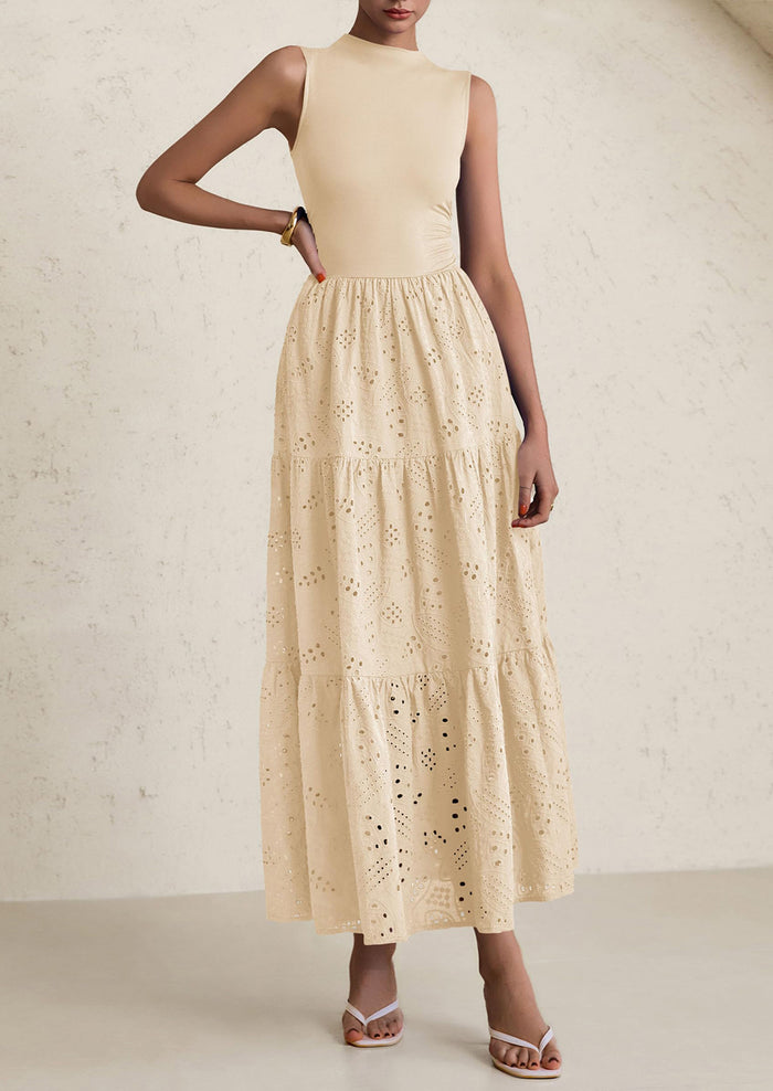 Casual Eyelet Sleeveless Maxi Dress with Pockets