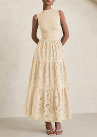 Casual Eyelet Sleeveless Maxi Dress with Pockets