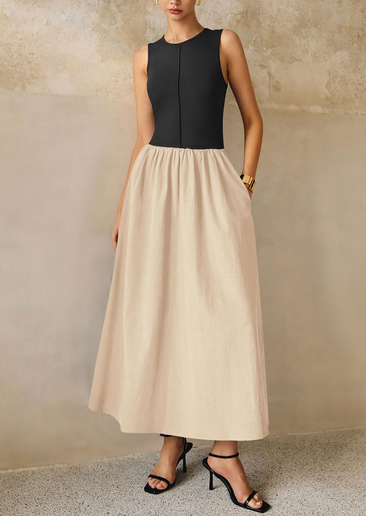 Casual Sleeveless Patchwork Knit Flowy Beach Maxi Dresses