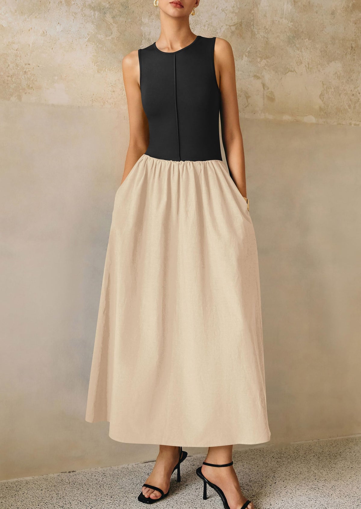 Casual Sleeveless Patchwork Knit Flowy Beach Maxi Dresses
