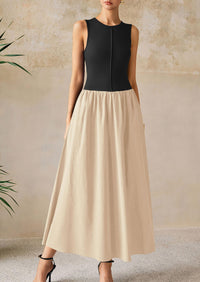 Casual Sleeveless Patchwork Knit Flowy Beach Maxi Dresses