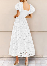 Eyelet Square Neck Puff Sleeve Smocked Maxi Dress with Pockets