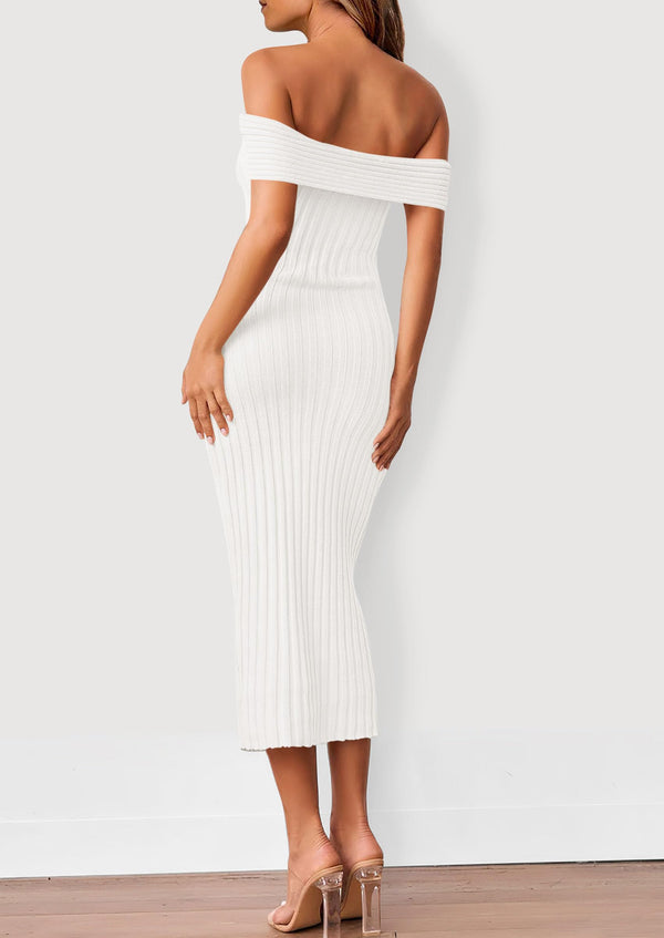 Off The Shoulder Elegant Ribbed Knit Bodycon Wedding Guest Sweater Midi Dresses