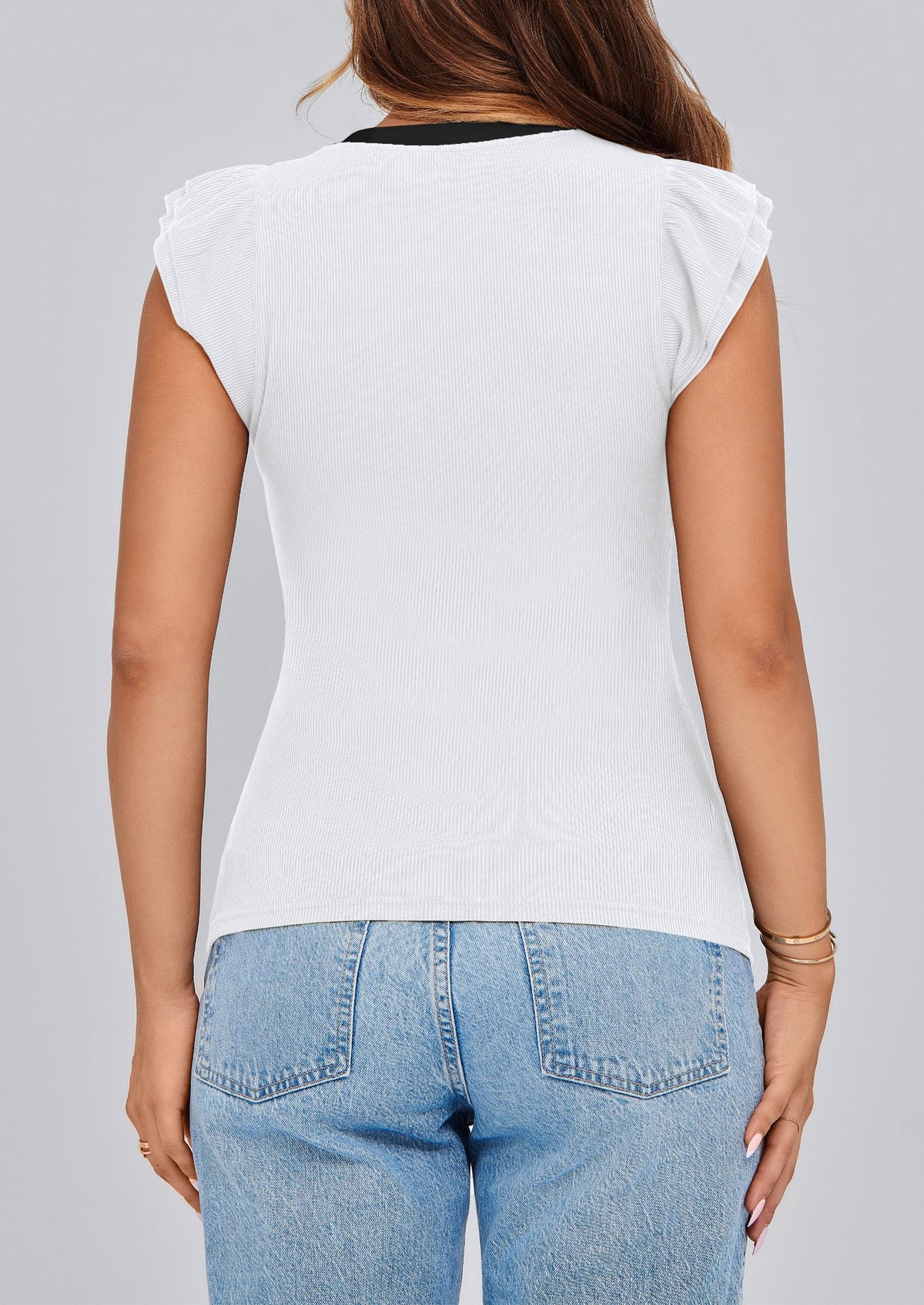 V Neck Ruffle Sleeveless Slim Fit Casual T-shirts