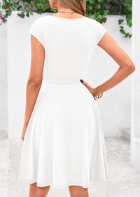 Crew neck Cap Sleeve Ribbed Knit Casual Flowy A Line Mini Dress with Pockets
