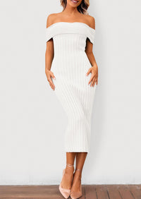 Off The Shoulder Elegant Ribbed Knit Bodycon Wedding Guest Sweater Midi Dresses