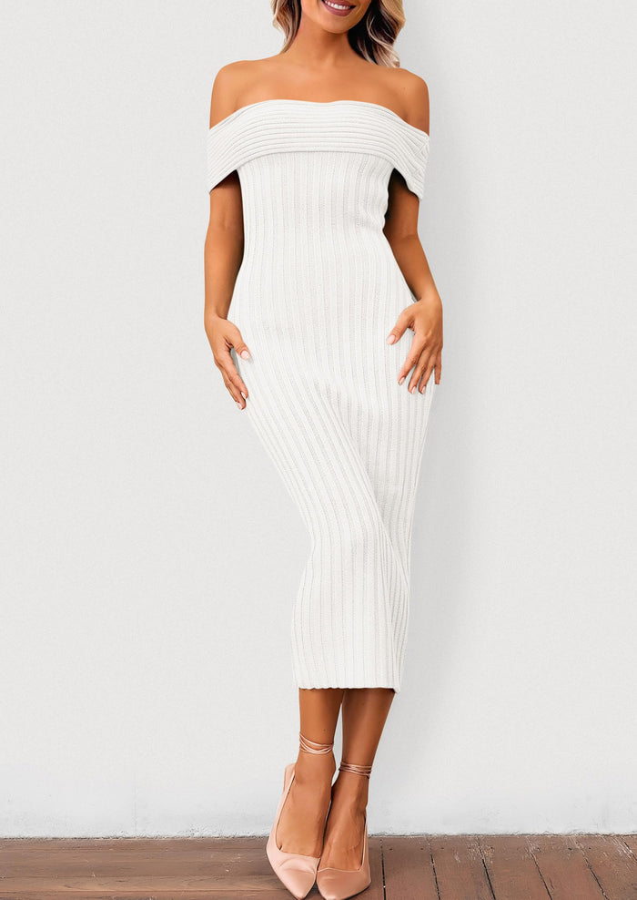 Off The Shoulder Elegant Ribbed Knit Bodycon Wedding Guest Sweater Midi Dresses