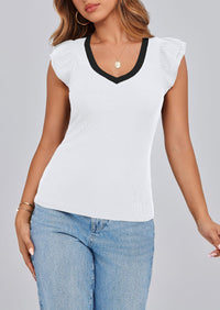 V Neck Ruffle Sleeveless Slim Fit Casual T-shirts