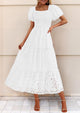 Eyelet Square Neck Puff Sleeve Smocked Maxi Dress with Pockets