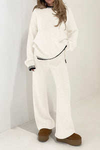 Knitted Casual Long Sleeve Pullover Wide Leg Pant 2 Piece Sets
