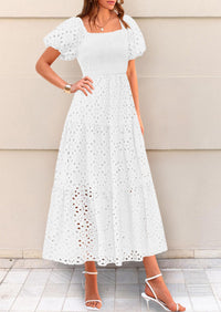 Eyelet Square Neck Puff Sleeve Smocked Maxi Dress with Pockets
