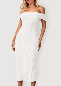 Off The Shoulder Elegant Ribbed Knit Bodycon Wedding Guest Sweater Midi Dresses