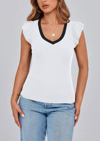 V Neck Ruffle Sleeveless Slim Fit Casual T-shirts