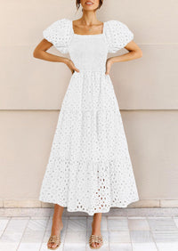 Eyelet Square Neck Puff Sleeve Smocked Maxi Dress with Pockets