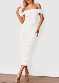 Off The Shoulder Elegant Ribbed Knit Bodycon Wedding Guest Sweater Midi Dresses