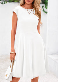 Crew neck Cap Sleeve Ribbed Knit Casual Flowy A Line Mini Dress with Pockets