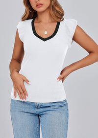 V Neck Ruffle Sleeveless Slim Fit Casual T-shirts
