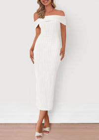 Off The Shoulder Elegant Ribbed Knit Bodycon Wedding Guest Sweater Midi Dresses