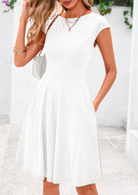 Crew neck Cap Sleeve Ribbed Knit Casual Flowy A Line Mini Dress with Pockets