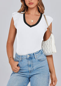 V Neck Ruffle Sleeveless Slim Fit Casual T-shirts